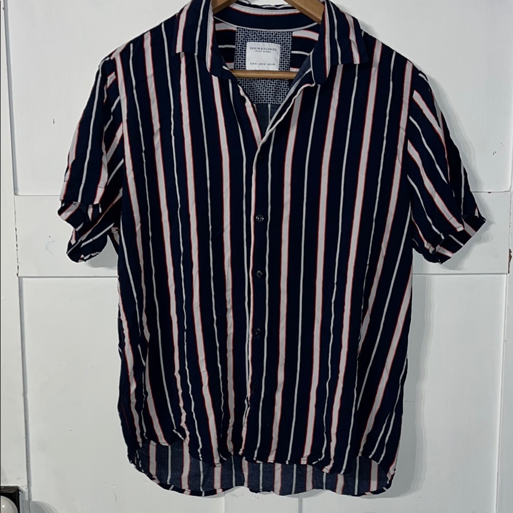 Short Sleeve Denim Flower Casual Blue and White Striped Shirt Summer Button Down